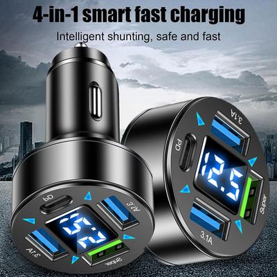 4-Port USB Adapter Blue Light Fast Car Charger QC 3.0 PD Quick Charge Adapter LED Digital Display For Huawei N8W4