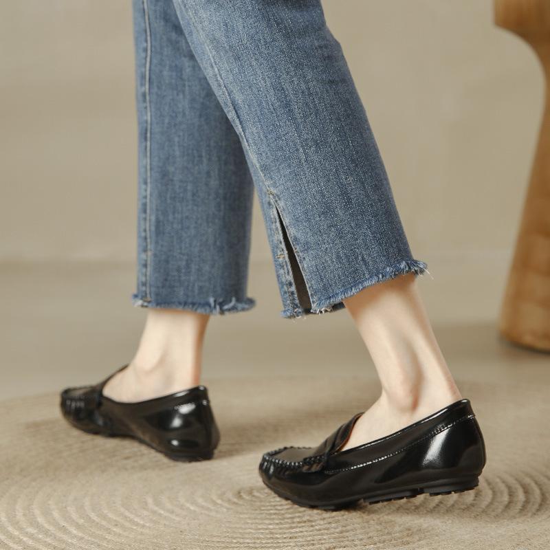 Spring Autumn Cow Leather Flats Shoes Woman Round Toe Slip On Loafers Comfy Ladies Work Shoes Genuine Leather Moccasins Women