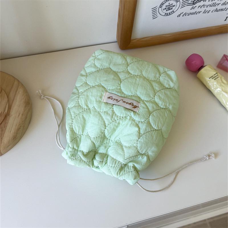 Korean Style Heart Quilted Drawstring Cosmetic Bag - Dustproof, Padded, Perfect for Travel.