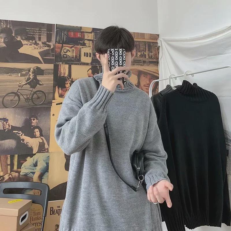 Men's Solid Color Slim Mid-Neck Sweater - Knitted Turtleneck for Autumn/Winter