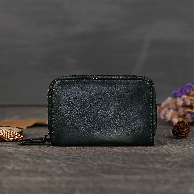 Leder Reißverschluss Kleine Kartenbörse, Erste Schicht Rindsleder Mini Kartenhalter, Mehrere Kartenfächer, Einfarbige Retro Weiche Oberfläche Geldbörse Karten.