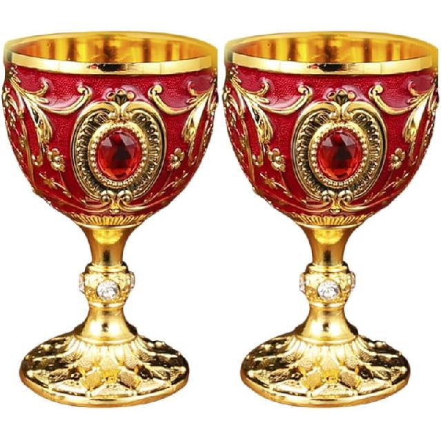 Amosfun 2.7 Inch Retro Goblets Metal Wine Cups Royal Chalices Medieval European Style Embossed Drinking Cups Party Favors 30ml Red