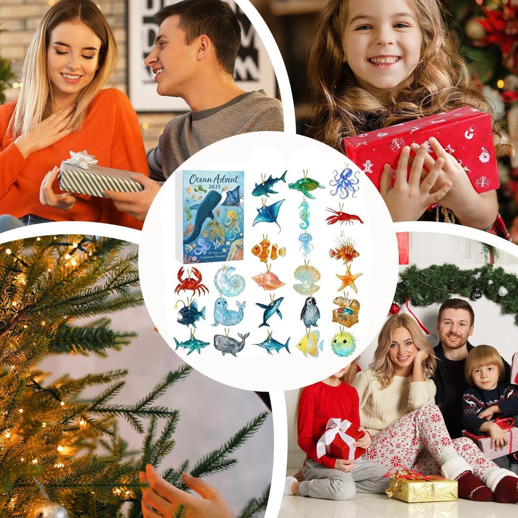 Weihnachts-Adventskalender 2025 Ozean-Thema 2D Acryl Meerestiere Ornamente 24 Tage Weihnachtsbaumschmuck Kinder Weihnachtsgeschenk