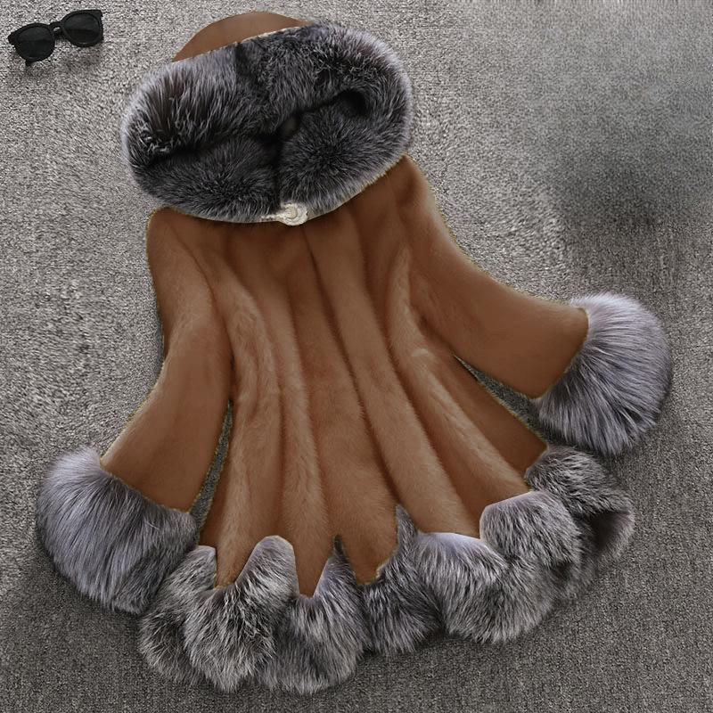 Höst och Vinter Plus Size Pälsrock Rock Dam Mellanlång Minkhår Rävpäls Krage Imitationspäls Damrock