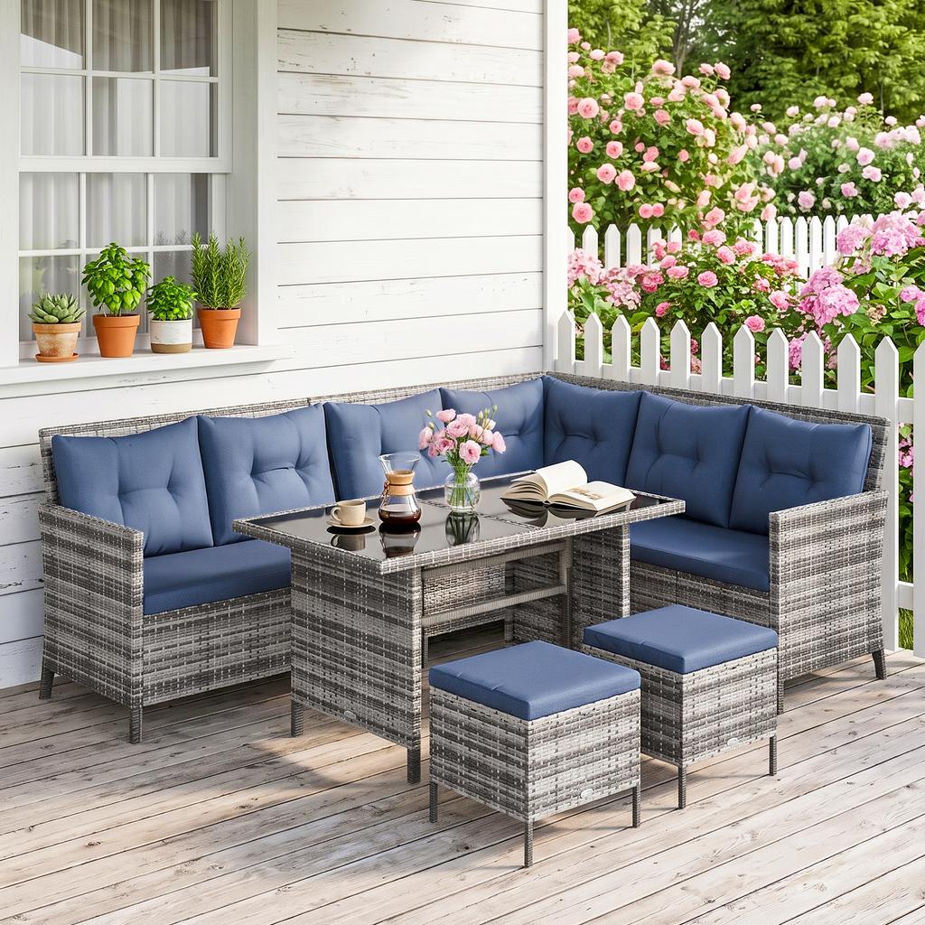 7-Seater Patio Wicker Sofa Set Rattan Chair Furniture W/ Glass & Cushioned, Dark Blue