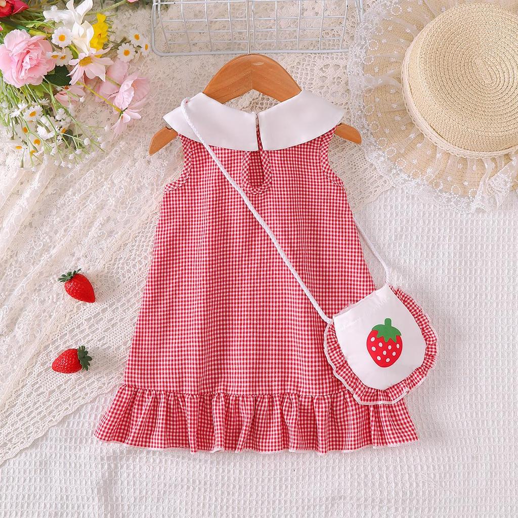 Fashion Summer 2PCS Toddler Red Strawberry Gingham Sleeveless Ruffle Hem Sundress+Purse Summer for 0-3Y Baby Girl Casual Outfit