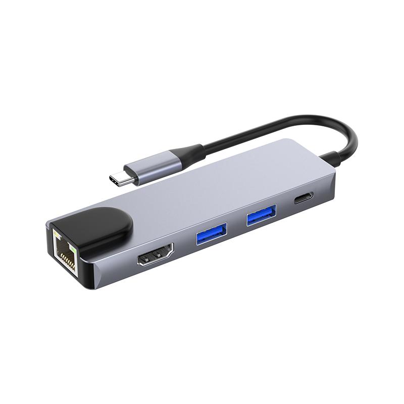 High Quality 5 in 1 USB-C hdmi Hub 5 Ports With 2USB+PD+HDMI+RJ45(1000Mbps) Converter Adapter Fast Charger Type C Hub Multiports