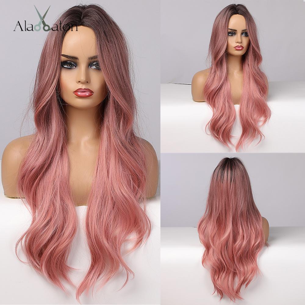 ALAN EATON Long Water Wave Wig Middle Part Red Brown Orange Copper Heat Resistant Synthetic Hair Wigs for Women African American