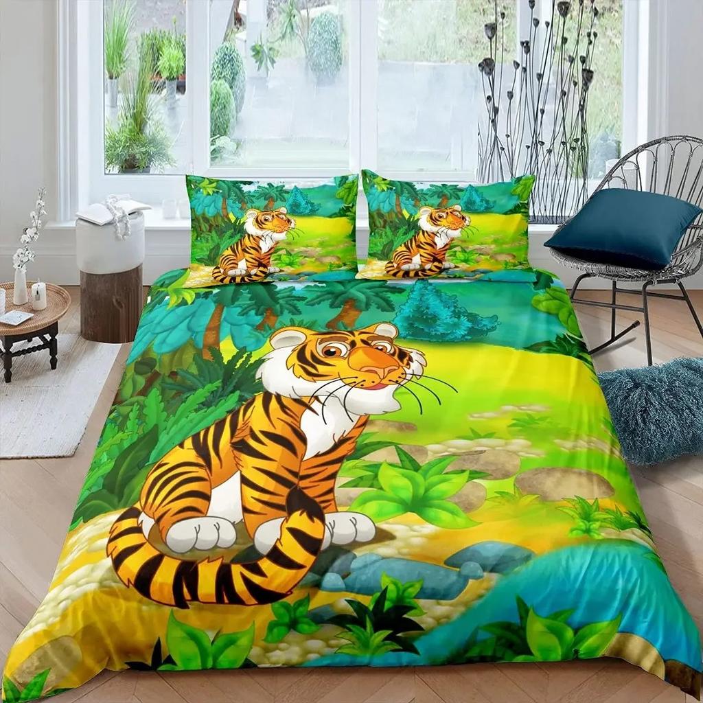 Cartoon Tiere Bettbezug Set King Size Savanne Tropischer Wald Dschungel Wildtiere Bettwäsche Set Kinder Zoo Polyester Bettdeckenbezug