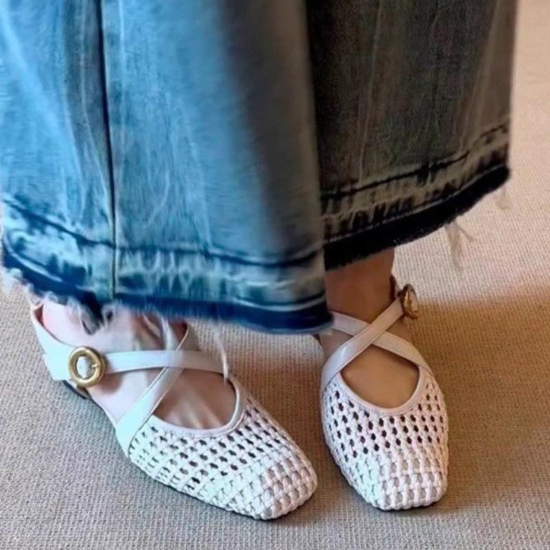 New Woven Hollowed Out Breathable Inner Heightened Baotou Half Slippers for Women with One-word Strap and Fashionable Cool Mop