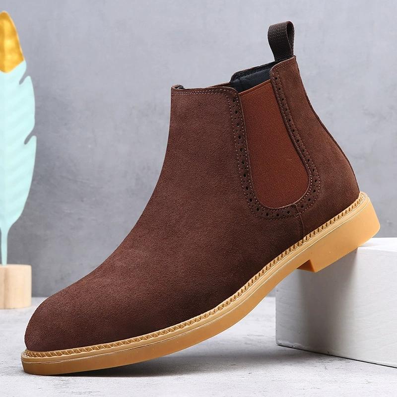 Italian Gray Genuine Leather Men Boots Business Winter Slip on British High Boot Mens Cowhide Pointy Boots Suede Chelsea Boots