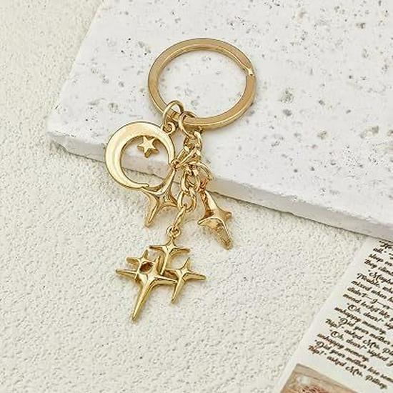 Creative Four-Pointed Star Pendant Keychain with Alloy Star and Moon for Phone or Bag Accessories
