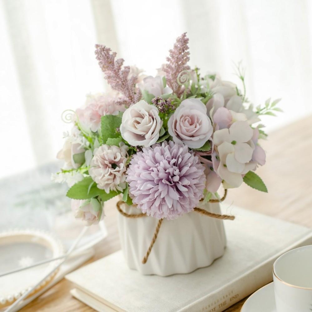 Nordic Fake Flowers with Vase Silk Variety Balls Ceramic Vase Artificial Faux Plants Hemp Rope Rose Artificial Pot Flower