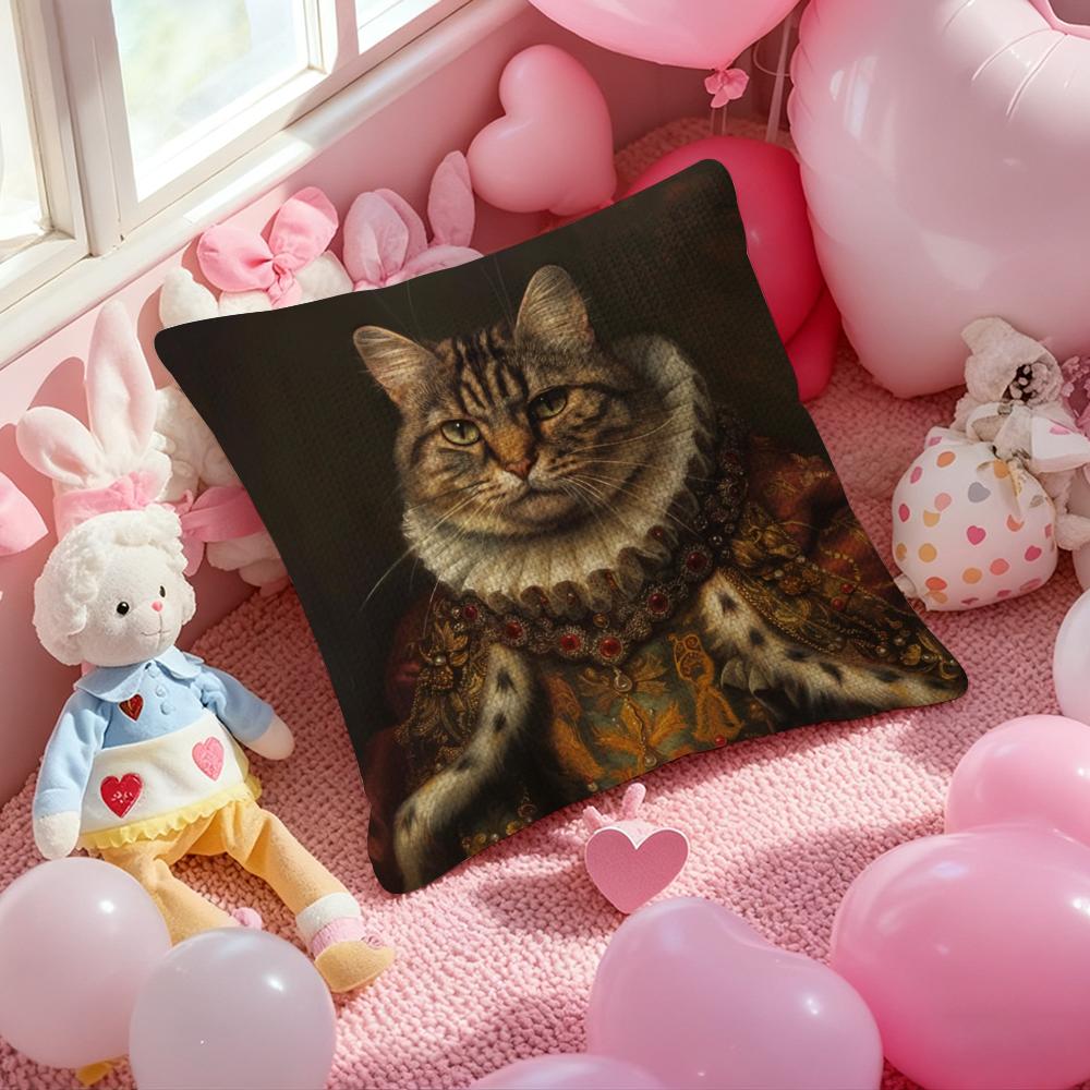 Renaissance Royal Cat Funny Pillow Case Anti-Dustmite Pillowcase Invisible Zipper Silky Short Plush Sofa Cushion Cover