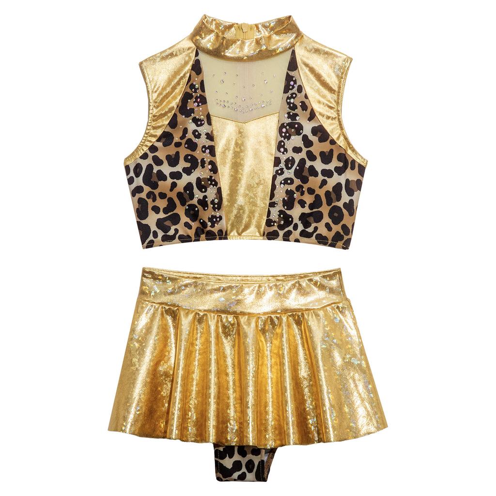 Costum de Dans Jazz pentru Fete 2 Bucăți Metalic Lucios Patchwork Strălucitor Crop Top Fără Mâneci cu Pantaloni tip Fustă pentru Competiție pe Scenă