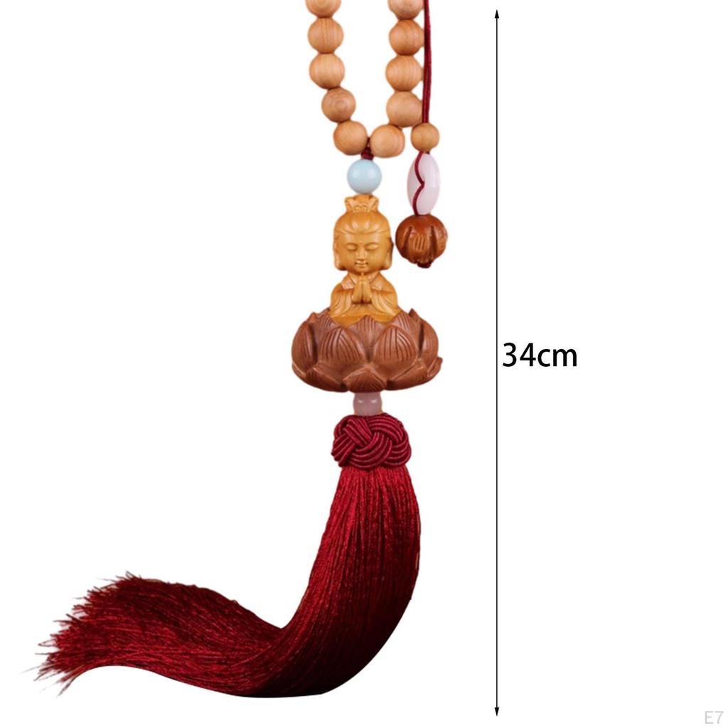 Lotus Beaded Car Pendant Rear View Mirror Statue, Wooden Sculpture Hanging Decoration