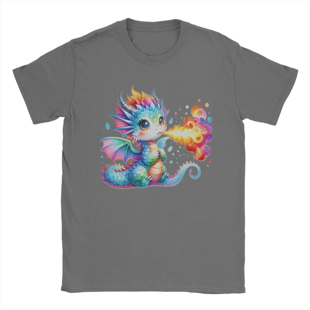 Drachen-T-Shirt mit niedlichem Regenbogen-Drachen, der Feuer speit – Herren, reine Baumwolle, Rundhalsausschnitt, Kurzarm, Sommerkleidung