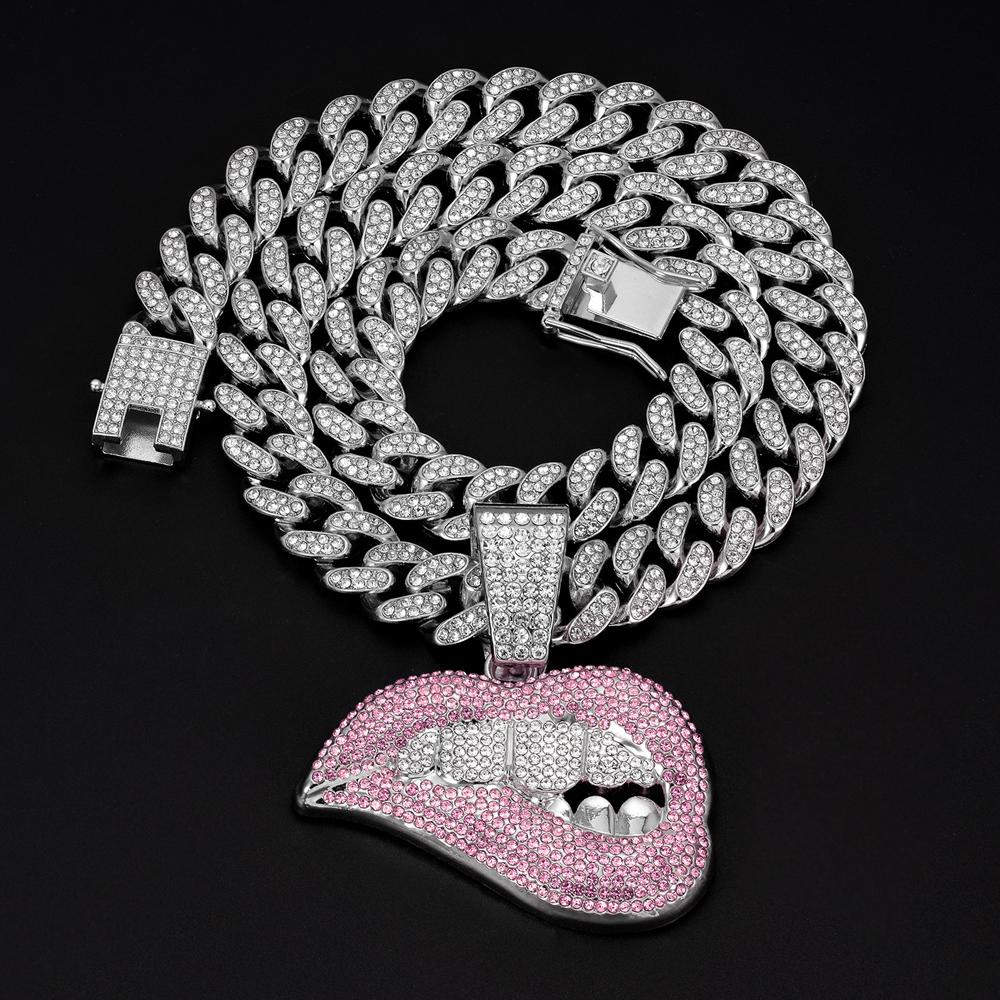 

Новое мужское женское хип-хоп ожерелье с кулоном в форме укуса губы, с 13-миллиметровой кубинской цепью с кристаллами, ослепительное, хип-хоп ожерелье-подвеска, ювелирное украшение