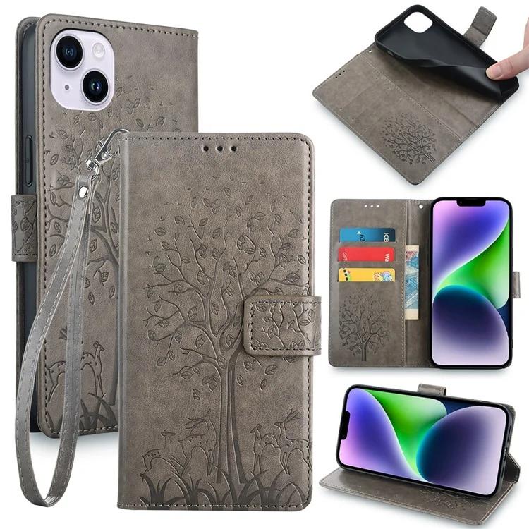 

For iPhone 14 Plus Phone Cover Leather 3 Card Slots Imprinted Deer Tree Pattern Case