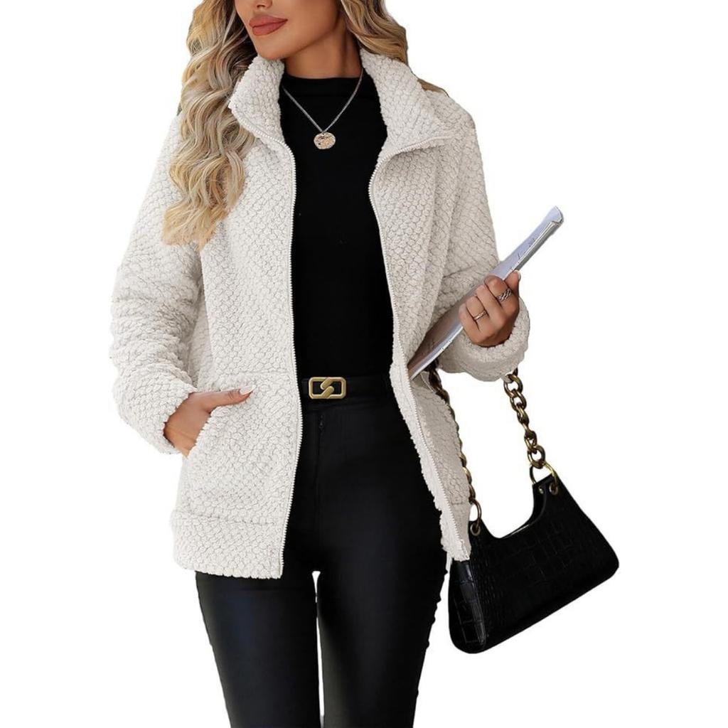 Fall Winter Women's Fleece Jacket, Loose Casual Lapel Zip Up Cardigan Coat With Pockets, European American Style Outerwear