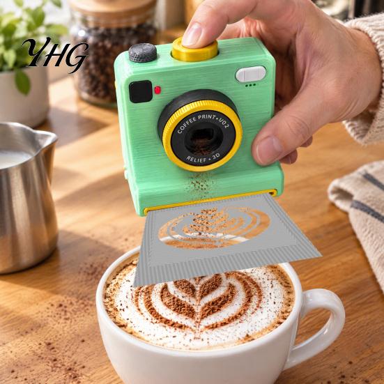 Mechanical Latte Art Camera 3D Printed Coffee Printer, Manual One-Click Powder Stencil Maker with DIY Drink Decorator Interchangeable Template