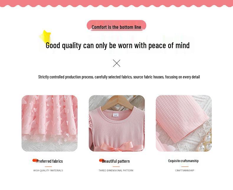 Autumn/Winter 2025 3D Butterfly Mesh Belted Long-Sleeve Dress for Girls