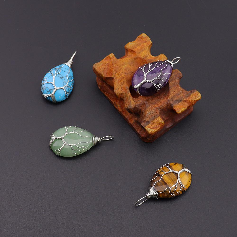 Natural Stone Agate Water Drop Tree of Life Pendant Necklace