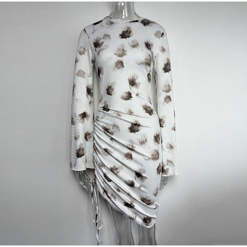 2025 Fashion Women Sexy Bodycon Bell Sleeve Dress Spring Summer New Elegant Slim Fit High Waist Printed Short Skirt