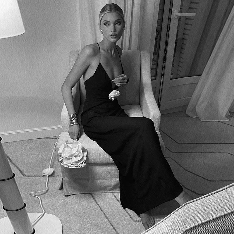 2024 New European & American Summer Deep V-neck Backless Chiffon Maxi Dress for Women