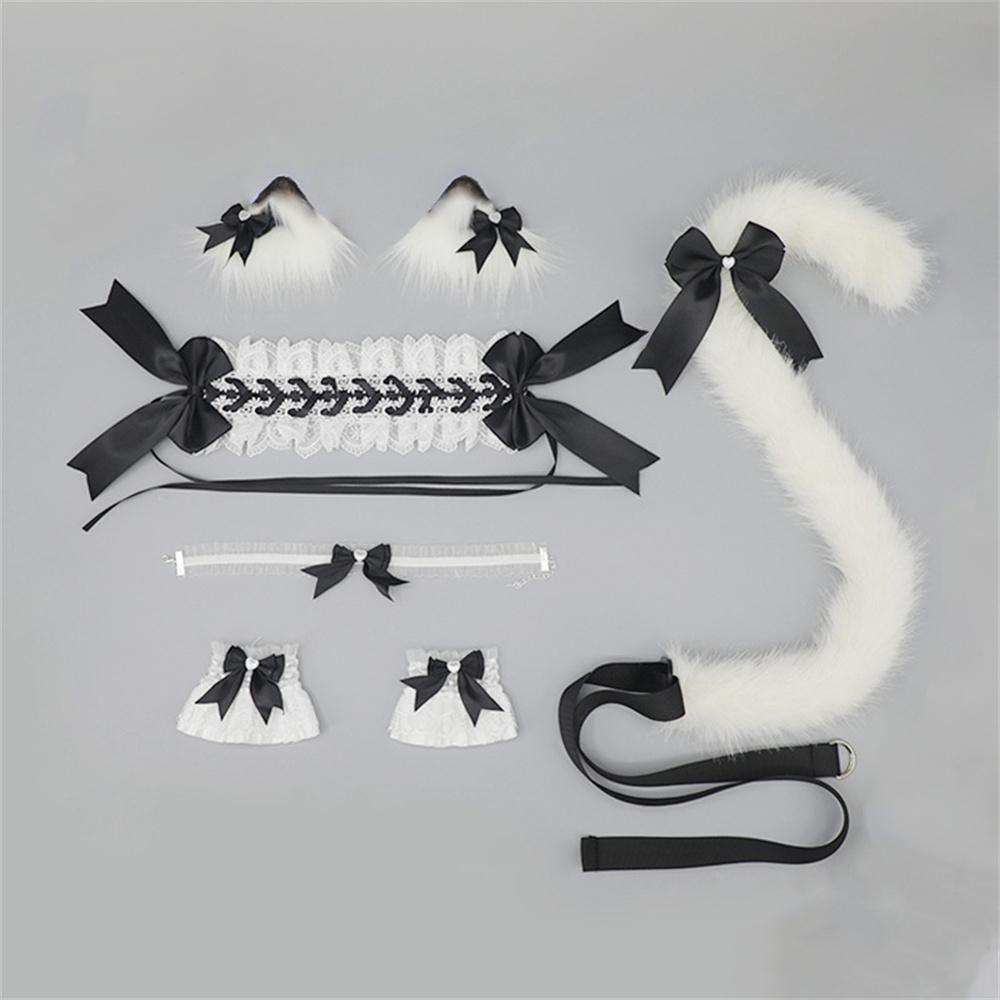 

5Pcs/Set Furry Cat Ear Hairpins Headband Bow Choker Wristband Plush Cat Tail Cute Lolita Anime Party Cosplay Accessories ear tail