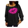 European & American Women's Red Lips Pattern Off-Shoulder Loose Fit Long Sleeve Sweater