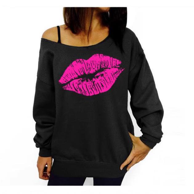 European & American Women's Red Lips Pattern Off-Shoulder Loose Fit Long Sleeve Sweater