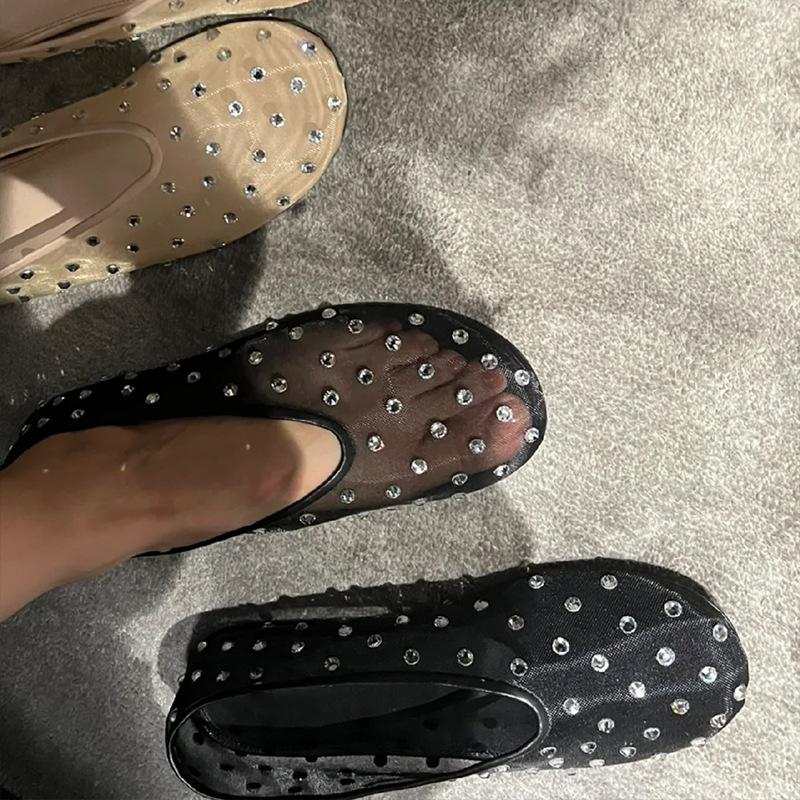 Niche premium Mary Jane shoes mesh yarn breathable rhinestone shallow mouth flat sole shoes women