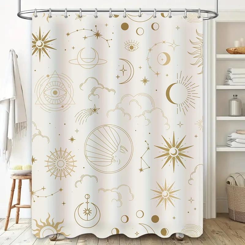 Space-themed Shower Curtain with Gold Celestial Designs for Bathroom Decor – Suitable for Kids’ Rooms or Bedrooms, Waterproof Fa