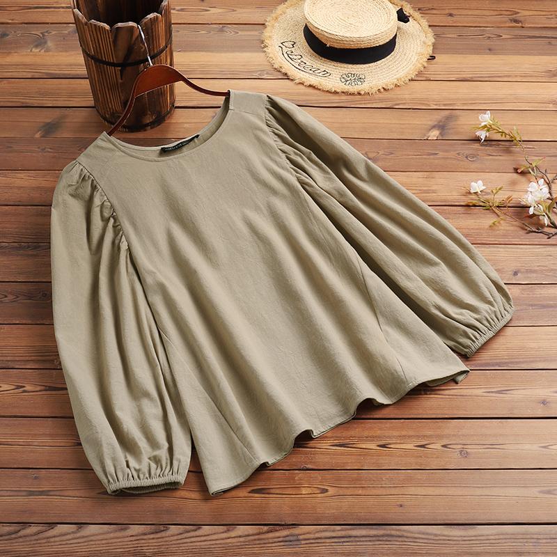 

ZANZEA Женщины Экипаж Шея Сплошной Цвет Свободный Весна Пыф Рукав Блузка Топы