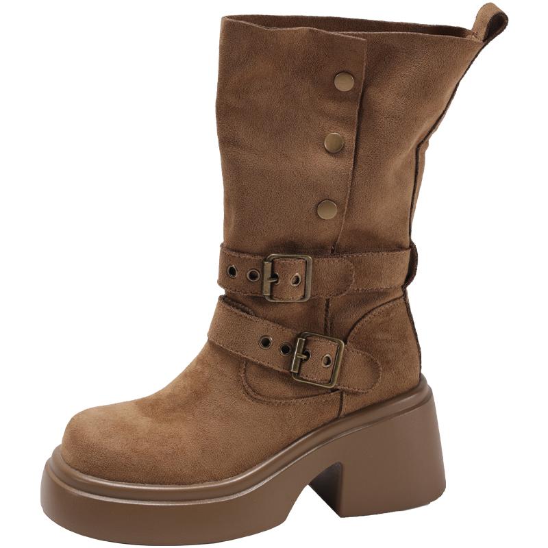 

Мода Мода Металлическая Пряжка Сапоги для Женщин Черная Искусственная Кожа Массивный Каблук Длинные Ботас Мухер 2025 Осень Зима Сапоги до Колена 35 коричневый