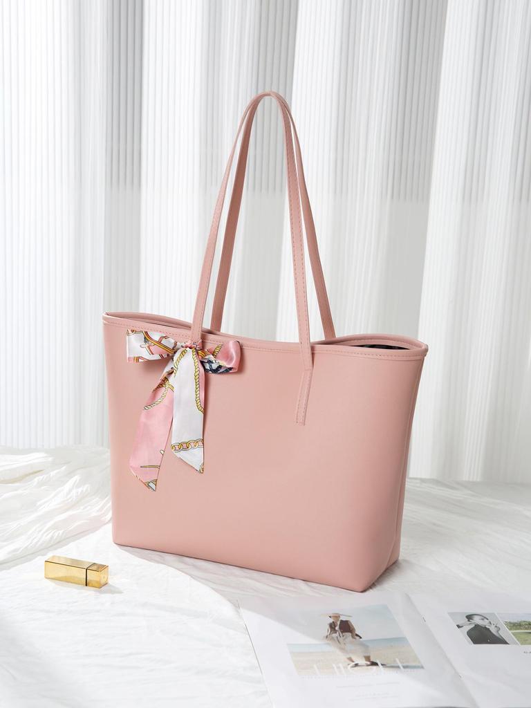 Torba na ramię z fakturą liczi: 2025 Modna Duża Pojemność Jednolity Kolor z Ozdobą w Postaci Szalika dla Kobiet