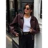 Women's Wine Red Pu Leather Short Jacket Fashion Autumn Lapel Collar Zipper High Street Loose Overcoats Ladies Button Outerwears