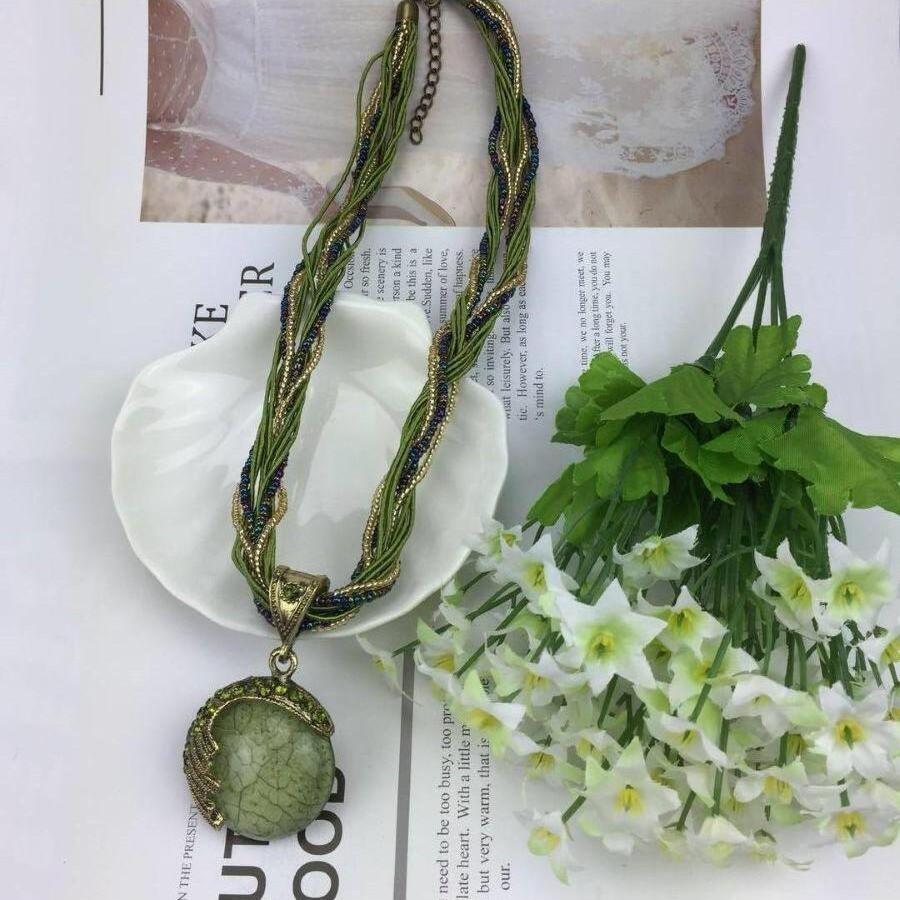 Women Bohemian Vintage Handmade Beaded Peacock Gemstone Pendant Necklace Jewelry Crystal Choker Ethnic Sweater Chain