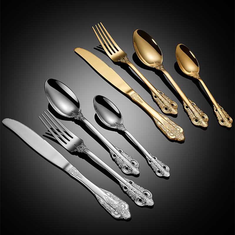 304 Stainless Steel Palace Style Tableware Embossed Western Dinnerware Cutlery Steak Knife Fork Spoon Teaspoon Kitchen Gadgets