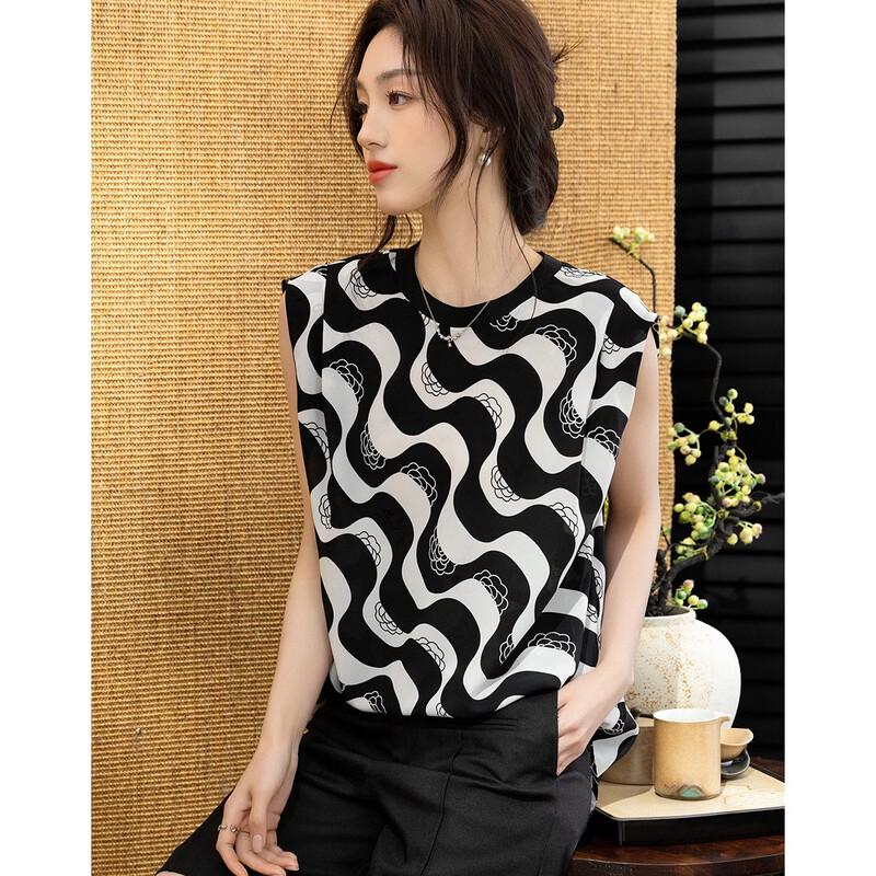 Demana Women s Retro Wave Print Patchwork Knit Blouse M
