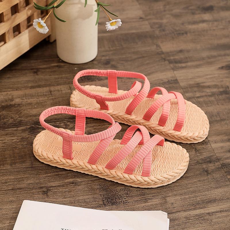 Summer New Imitation Grass Woven Travel Women's Flat Heel Sandals, Wearing Linen Soled Sandals Outside, Women's Beach Slope Heel Slippers