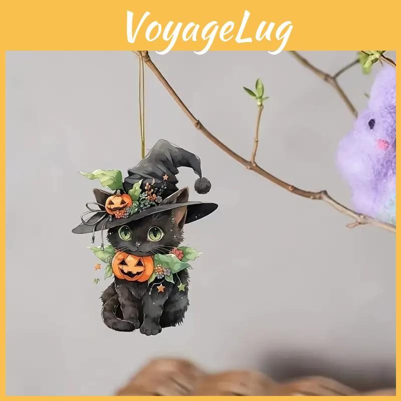 Flat Surface Acrylic Pendant With Halloween Cat Pumpkin Design For Auto Decor