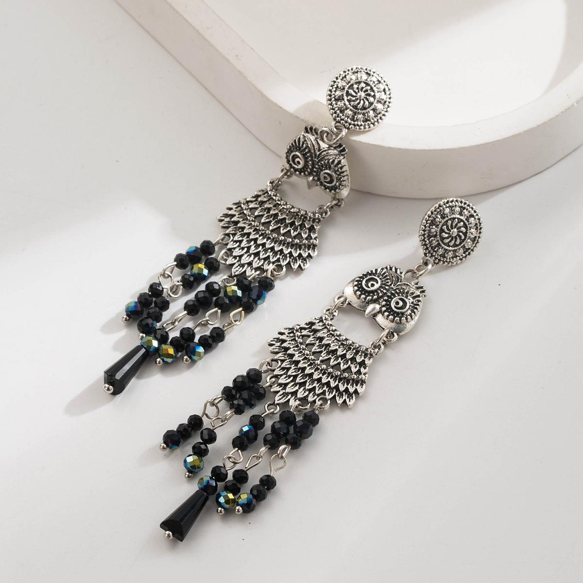 

Длинные серьги-кисточки с бусинами в богемном стиле с совами для женщин, винтажные этнические элегантные длинные серьги серебряный