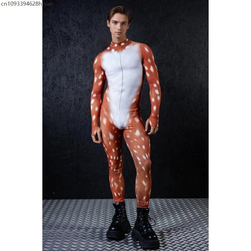 Animal Cosplay Deer Print Full Bodysuit Adult Sika Deer Cosplay Jumpsuit Carnival Holiday Party Funny Role Play Performance Suit