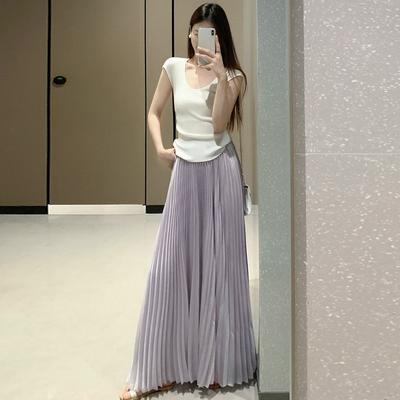 Fioletowa plisowana spódnica dla kobiet na lato Nowa spódnica A-line z wysokim stanem Spódnica z gazy Delikatny styl Puszysta spódniczka wróżki Długa spódnica