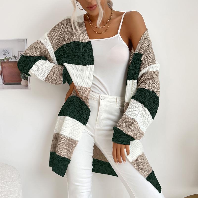 Casual Trend Versatile Autumn and Winter Women's Long Section Without Buttons Colorblocking Sweater Coat