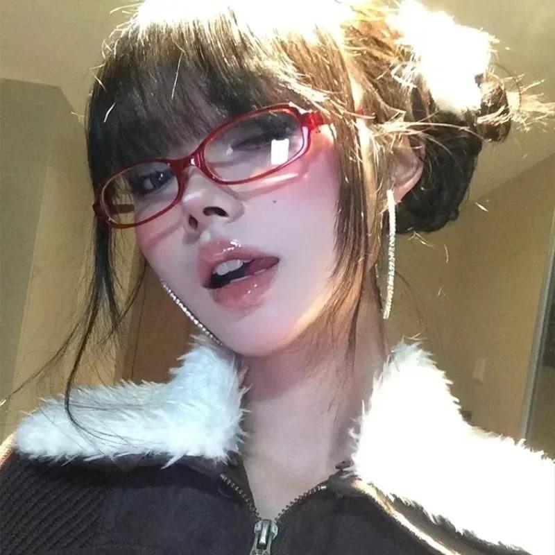 Y2K Vintage Small Oval Glasses Girls Style Red Green Frame Glass Eyewear Decorative Outdoor Anti-blue Eyeglasses Gifts