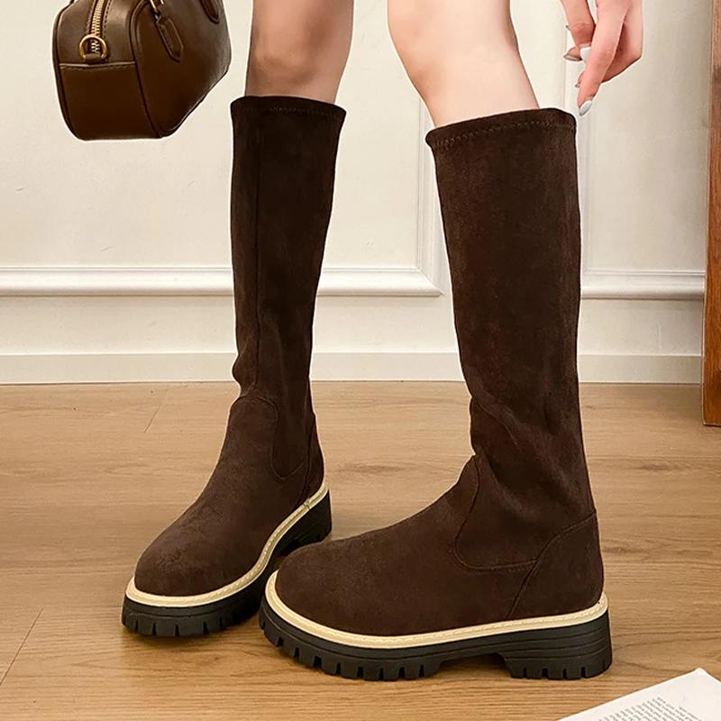 Women's High Boots Suede Designer Flats Sport Shoes Fashion Luxury Cozy Winter Botas New Walking Warm Chelsea Boots Femme