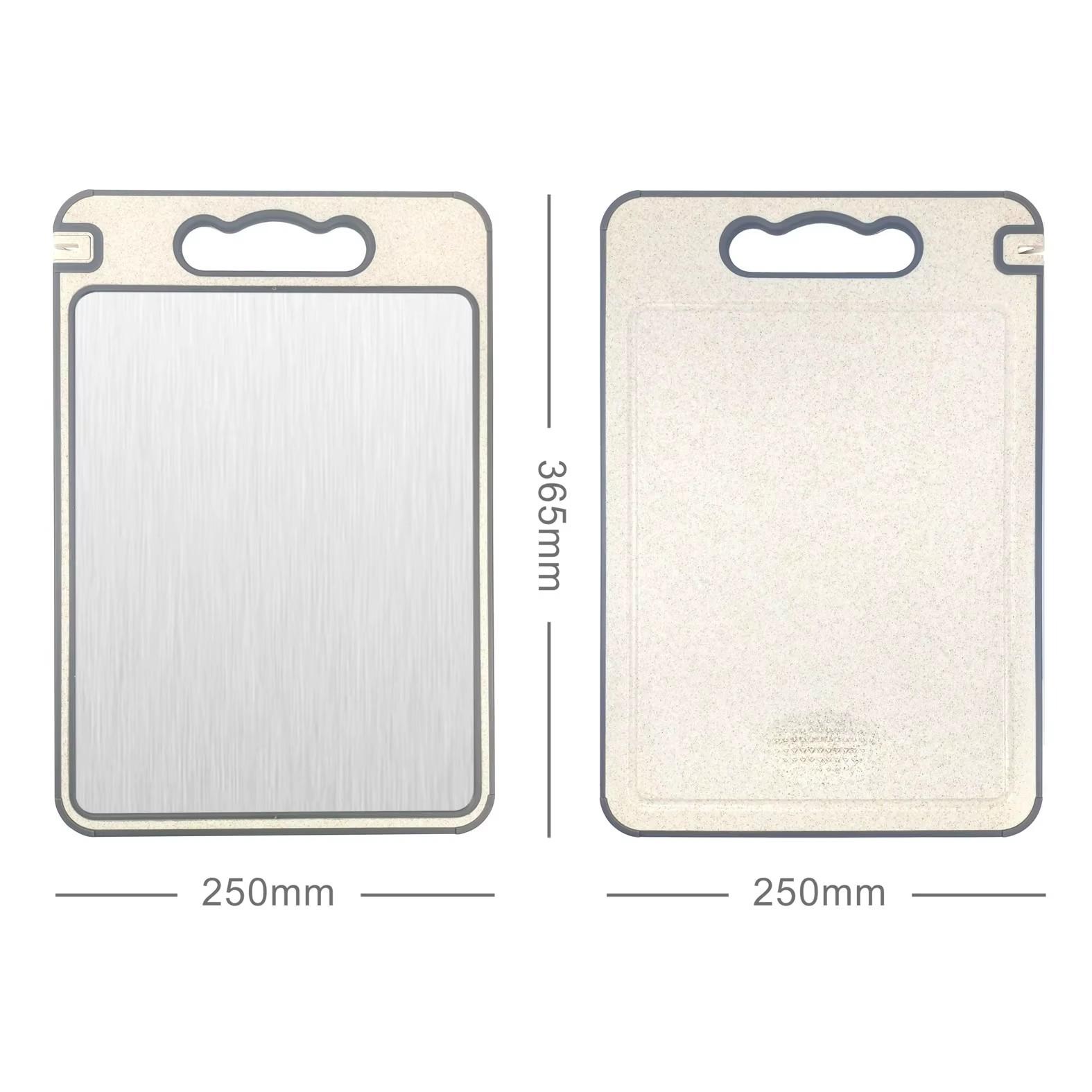 

1 шт. кухонная разделочная доска из нержавеющей стали, пищевая двухсторонняя разделочная доска с противоскользящими силиконовыми краями, пшеничная соломенная доска